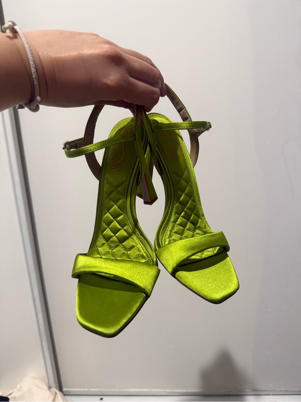 Sam Edelman Lime Green Satin Quilted Ankle Strap Heeled Sandals Size 6.5